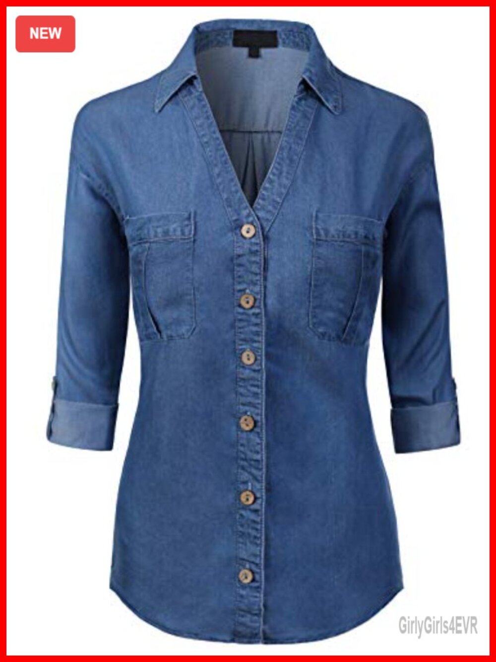 Tencel Denim Chambray Button Down Shirt V Neck Long Sleeve